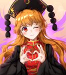  1girl bangs black_dress black_headwear blush bow bowtie chinese_clothes closed_mouth crescent dress energy eyebrows_visible_through_hair hands_up hat heart heart_hands highres junko_(touhou) long_hair long_sleeves one_eye_closed orange_background orange_hair phoenix_crown pom_pom_(clothes) red_eyes red_vest simple_background smile solo tabard touhou user_dkn2964 vest wide_sleeves yellow_bow yellow_neckwear 