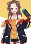  1girl :d absurdres animal_ears bear_ears black_gloves black_shorts blue_eyes blue_jacket blush brown_hair cowboy_shot dog_tags forehead garter_straps gloves highres hololive jacket looking_at_viewer matsurisu medium_hair mitsuboshi_nuko natsuiro_matsuri nintendo_switch off_shoulder one_eye_closed open_mouth orange_shirt partially_fingerless_gloves shirt short_shorts shorts simple_background single_garter_strap smile solo_focus virtual_youtuber 