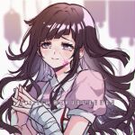  1girl apron artist_name bandaged_arm bandages bangs blood blood_on_face blush breasts criis-chan crying crying_with_eyes_open danganronpa_(series) danganronpa_2:_goodbye_despair eyebrows_visible_through_hair long_hair looking_at_viewer mole mole_under_eye open_mouth pink_background pink_blood shiny shiny_hair shirt short_sleeves solo symbol-only_commentary tears tsumiki_mikan upper_body white_background 