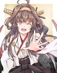  1girl ahoge brown_hair dairyo3 detached_sleeves double_bun hairband headgear highres japanese_clothes kantai_collection kongou_(kancolle) long_hair nontraditional_miko remodel_(kantai_collection) ribbon-trimmed_sleeves ribbon_trim rigging solo upper_body violet_eyes 