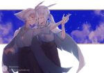  2boys cape closed_eyes daleth earrings grey_hair highres holding_hands jewelry mimizuku_(sky:_children_of_the_light) multiple_boys out_of_frame ponytail short_hair sky:_children_of_the_light sky_child tassel tassel_earrings yulindahuoji 