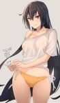    1girl bare_legs bikini bikini_bottom black_hair blush brown_eyes closed_mouth collarbone cowboy_shot grey_background highres kantai_collection kasumi_(skchkko) long_hair nagato_(kancolle) navel orange_bikini shirt short_sleeves side-tie_bikini simple_background smile solo swimsuit white_shirt 