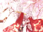  1boy 1girl back cape cherry_blossoms couple floating_hair fur_cape fur_collar glint grey_hair high_ponytail highres light_particles light_rays locked_arms looking_at_another petals prophet_of_water red_cape sky:_children_of_the_light sky_child spinning_mentor sunbeam sunlight 
