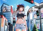    1girl bangs baseball_cap black_shirt blue_eyes blue_headwear blue_sky breasts brown_hair character_name city clouds commentary cowboy_shot crop_top day drawstring eyebrows_visible_through_hair floating_hair hair_between_eyes hat highres hololive hood hood_down hoshimachi_suisei isaya_(pixiv4541633) long_hair looking_at_viewer navel ninomae_ina&#039;nis outdoors shirt short_shorts short_sleeves shorts sky solo standing stomach symbol-only_commentary tokino_sora virtual_youtuber white_shorts 