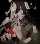  1boy ashiya_douman_(fate) asymmetrical_clothes asymmetrical_hair bell black_background black_eyes black_hair blood_on_fingers curly_hair eyeshadow fate/grand_order fate_(series) finger_to_mouth fingernails green_eyeshadow green_kimono green_lips green_nails hadanugi_dousa hair_bell hair_between_eyes hair_intakes hair_ornament highres holding holding_pot japanese_clothes kimono long_hair makeup male_focus multicolored_hair open_clothes open_kimono pot ribbed_sleeves sharp_fingernails shushing simple_background smile smirk solo sumi_(gfgf_045) talisman two-tone_hair very_long_fingernails very_long_hair white_hair wide_sleeves 