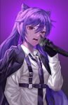  1girl bangs black_gloves breasts collared_shirt commentary_request double_bun genshin_impact gloves hair_cones highres holding holding_microphone jacket jacket_on_shoulders keqing_(genshin_impact) korean_commentary long_hair long_sleeves looking_at_viewer medium_breasts microphone necktie nugag open_mouth purple_background purple_hair purple_neckwear shirt simple_background solo sweat twintails violet_eyes white_shirt 