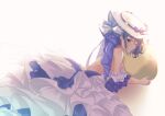  1girl absurdres arm_strap azur_lane backless_dress backless_outfit bare_shoulders bareback blue_bow blue_eyes blue_hair bow cheshire_(azur_lane) cheshire_(highness_in_white)_(azur_lane) dress evening_gown frilled_dress frills from_above hair_bow hat highres layered_dress long_hair looking_at_viewer lying manjuu_(azur_lane) multicolored_hair natsuki_(tyuiojl) official_alternate_costume on_side purple_hair simple_background sleeveless sleeveless_dress solo streaked_hair sun_hat two-tone_hair white_background white_dress white_headwear 