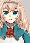  1girl blonde_hair blue_eyes blue_jacket commentary_request flower grey_background hairband jacket kantai_collection long_hair looking_at_viewer military military_uniform nanari_(nanari_nannari) one-hour_drawing_challenge red_flower red_ribbon red_rose ribbon rose simple_background solo tiara uniform upper_body victorious_(kancolle) 