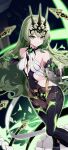    1girl absurdres alcohol artist_request asymmetrical_gloves bangs bare_shoulders black_dress black_gloves champagne claws closed_mouth crown cup dress fang gloves green_eyes green_hair hair_between_eyes highres holding holding_cup honkai_(series) honkai_impact_3rd long_hair looking_at_viewer mobius_(honkai_impact) sleeveless sleeveless_dress smile solo uneven_gloves 