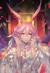  1girl absurdres animal_ears bangs bare_shoulders closed_mouth dress fox_ears hair_between_eyes hair_ornament highres honkai_(series) honkai_impact_3rd lipstick looking_at_viewer makeup petals pink_hair smile solo violet_eyes wedding_dress white_dress yae_sakura yae_sakura_(flame_sakitama) yk93 