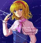  1girl alice_margatroid artist_name bangs blonde_hair blue_background blue_dress blue_eyes breasts cape closed_mouth dress eyebrows_visible_through_hair hair_between_eyes hairband hand_up long_sleeves looking_at_viewer medium_breasts pink_neckwear red_hairband shidouas short_hair smile solo star_(symbol) starry_background touhou white_cape white_sleeves 