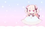  1girl bangs chibi clouds commentary dress frilled_dress frills gradient gradient_background hair_ornament highres hoshifuri_iku looking_at_viewer paancake7 pink_hair prism_project smile solo star_(symbol) ufo violet_eyes virtual_youtuber 