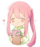  1girl arms_up atu bangs blush blush_stickers chibi closed_eyes collar collared_shirt eyebrows_visible_through_hair flower flower_pot green_shirt hair_between_eyes hair_intakes happy heart holding holding_flower kagamihara_nadeshiko long_bangs long_hair long_sleeves pink_flower pink_hair ponytail shirt short_eyebrows sidelocks simple_background smile white_background yurucamp 