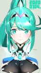  1girl bangs breasts closed_mouth earrings eyebrows_visible_through_hair fujimoto_hideaki gem green_eyes green_hair hair_ornament headpiece jewelry long_hair looking_at_viewer pneuma_(xenoblade) ponytail simple_background smile solo swept_bangs tiara xenoblade_chronicles_(series) xenoblade_chronicles_2 
