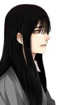  1girl from_side grey_eyes hair_between_eyes highres hoshi_san_3 long_hair looking_at_viewer looking_to_the_side mole mole_under_mouth original parted_lips simple_background solo upper_body white_background 