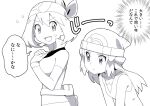  2girls bandana hikari_(pokemon) fingerless_gloves frown gloves greyscale hat may_(pokemon) monochrome multiple_girls natsunagi_takaki open_mouth pokemon pokemon_(game) pokemon_dppt pokemon_rse pouch smile sweat translation_request 