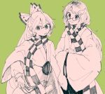  2girls amulet bangs black_bow black_eyes black_neckwear black_scarf black_skirt bow closed_mouth eyebrows_visible_through_hair fujiwara_no_mokou futatsuiwa_mamizou futatsuiwa_mamizou_(human) glasses green_background grey_eyes hair_between_eyes hair_ornament hands_together hands_up itomugi-kun japanese_clothes leaf leaf_hair_ornament long_hair long_sleeves looking_at_another looking_down looking_to_the_side multiple_girls open_mouth pink_hair pink_neckwear pink_scarf pink_shirt pink_sleeves plaid plaid_scarf pom_pom_(clothes) ponytail puffy_long_sleeves puffy_sleeves scarf shirt simple_background skirt smile touhou white_bow wide_sleeves 