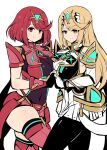  2girls asyura_kumo bangs bare_shoulders black_gloves blonde_hair breasts chest_jewel dress earrings elbow_gloves fingerless_gloves gloves highres jewelry large_breasts long_hair multiple_girls mythra_(xenoblade) pyra_(xenoblade) red_eyes red_legwear red_shorts redhead short_dress short_hair short_shorts shorts swept_bangs thigh-highs thigh_strap tiara very_long_hair white_dress white_gloves xenoblade_chronicles_(series) xenoblade_chronicles_2 