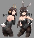    2girls absurdres animal_ears ass black_choker black_gloves black_leotard breasts brown_hair brown_legwear choker contrapposto gloves hairband highres horns leotard long_hair looking_at_viewer medium_hair multiple_girls niseoto original pantyhose parted_lips rabbit_ears rabbit_tail red_eyes small_breasts strapless strapless_leotard tail thighband_pantyhose 