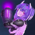  1girl absurdres android arm_cannon bangs black_background blue_eyes eagledl english_commentary fangs from_side glowing heterochromia highres looking_back mechanization mega_man_(series) mega_man_x_(series) nijisanji nijisanji_en purple_hair selen_tatsuki smile solo tongue tongue_out violet_eyes virtual_youtuber weapon 