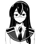  1girl 2423mhmh closed_mouth commentary eyebrows glasses hair_between_eyes hairband kantai_collection long_hair looking_at_viewer monochrome necktie ooyodo_(kancolle) sailor_collar school_uniform semi-rimless_eyewear serafuku simple_background solo uniform upper_body 