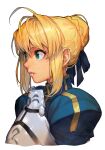  1girl ahoge armor armored_dress artoria_pendragon_(fate) blonde_hair blue_ribbon braid fate/stay_night fate_(series) french_braid green_eyes hair_ribbon hankuri looking_to_the_side ribbon saber simple_background solo white_background 
