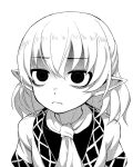  1girl ascot character_request closed_mouth fkey glaring greyscale highres looking_at_viewer medium_hair monochrome pointy_ears sanpaku shaded_face simple_background solo touhou upper_body white_background 