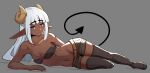    1girl :3 arm_support bandeau bare_arms bare_shoulders black_legwear breasts curled_horns dark-skinned_female dark_skin demon_horns demon_tail eyebrows_visible_through_hair full_body grey_background grey_shorts highres horns jitome looking_at_viewer lying navel niseoto on_side original pointy_ears red_eyes seductive_smile short_shorts shorts simple_background small_breasts smile smug solo strapless tail thigh-highs yellow_belt 