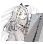  1girl animal_ear_fluff animal_ears arknights blue_eyes cropped_torso eyebrows_visible_through_hair grey_hair hairband heavyrain_(arknights) highres holding holding_shield horse_ears jacket light_blush long_hair looking_at_viewer mabing shield simple_background solo upper_body white_background white_jacket 