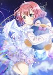  1girl absurdres angel_wings bangs birthday blush commentary curly_hair eyebrows_visible_through_hair green_eyes hair_ornament highres holding holding_stuffed_toy kurosawa_ruby looking_at_viewer love_live! love_live!_school_idol_festival_all_stars love_live!_sunshine!! night night_sky object_hug ranemu redhead shooting_star short_hair sidelocks sky solo star_(sky) star_(symbol) star_hair_ornament starry_sky stuffed_animal stuffed_penguin stuffed_toy tiara wings 