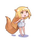  1girl animal_ears bare_arms bare_legs bare_shoulders barefoot blonde_hair chibi dress fox_tail full_body goat_ears goat_horns highres horns long_hair niseoto open_mouth original pointy_ears simple_background solo tail very_long_hair white_background white_dress yellow_eyes 