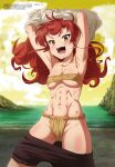    1girl abs absurdres armpits arms_up beach blush breasts eris_greyrat highres long_hair looking_at_viewer medium_breasts mushoku_tensei navel ocean open_mouth red_eyes redhead smile solo sweat undressing 