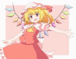  1girl absurdres ascot back_bow blonde_hair bow bright_pupils cowboy_shot crystal fang flandre_scarlet hat hat_ribbon highres medium_hair mob_cap one_side_up open_mouth outstretched_arms pink_background puffy_short_sleeves puffy_sleeves rafa_(rafua_kz) red_eyes red_ribbon red_skirt red_vest ribbon shirt short_sleeves skirt solo spread_arms touhou vest white_pupils wings yellow_neckwear 