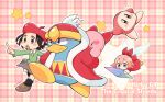  1boy 2girls 2others adeleine beak bird brown_footwear checkered checkered_background crystal_shard dress english_text fairy_wings flying furrowed_brow green_shirt grey_skirt holding_on king_dedede kirby kirby_(series) kirby_64 long_sleeves midooka_(o_k_k) multiple_girls multiple_others open_mouth penguin pointing red_dress red_headwear red_robe ribbon ribbon_(kirby) running shirt skirt star_(symbol) teeth waddle_dee walking wings 