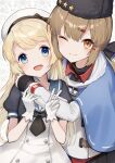  2girls anchor_necklace black_bow black_gloves black_headwear black_neckwear black_skirt blonde_hair blue_eyes blue_sailor_collar blush bow brown_eyes brown_hair closed_mouth commission dress eyebrows_visible_through_hair fingerless_gloves gloves hair_bow hat jacket jervis_(kancolle) kantai_collection long_hair low_twintails multiple_girls neckerchief one_eye_closed open_mouth papakha puffy_sleeves red_shirt sailor_collar sailor_dress sailor_hat scarf shawl shirt skeb_commission skirt smile star_(symbol) tashkent_(kancolle) twintails untucked_shirt upper_body v white_background white_dress white_gloves white_headwear white_jacket white_scarf yamashichi_(mtseven) 