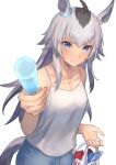  1girl absurdres ahoge alternate_costume animal_ears bag bare_shoulders blue_eyes camisole collarbone erulusyro food grey_hair highres holding holding_bag holding_food horse_ears horse_girl horse_tail jewelry long_hair multicolored_hair necklace oguri_cap_(umamusume) popsicle silver_hair simple_background smile snack solo tail two-tone_hair umamusume white_background white_camisole 