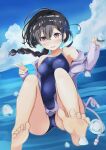    1girl barefoot black_hair blue_sky blue_swimsuit clouds commentary_request competition_school_swimsuit day gloves highres horizon jacket long_hair miyuki_(yxbt7) ocean original outdoors purple_jacket school_swimsuit single_glove sky sleeves_past_wrists solo swimsuit v violet_eyes 