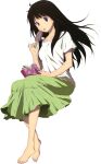  1girl barefoot black_hair chitanda_eru feet food highres hyouka long_hair sitting skirt transparent_background violet_eyes 