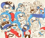  1boy 1girl :q black_shorts blue_eyes blue_hair blue_headwear blush cat closed_eyes fangs food hand_on_own_face hat holding holding_food ice_cream inkling lan48er long_hair looking_at_another looking_up one_eye_closed open_mouth pointing pointy_ears red_sleeves running shirt short_sleeves shorts smile splatoon_(series) splatoon_1 tongue tongue_out white_shirt 