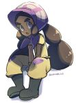  1girl :o bonnet boots bright_pupils brown_hair commentary eyelashes full_body gloves grey_gloves hapu_(pokemon) jumpsuit long_hair looking_at_viewer momoji_(lobolobo2010) open_mouth pokemon pokemon_(game) pokemon_sm purple_headwear short_sleeves sitting solo thick_eyebrows tongue twintails twitter_username violet_eyes white_pupils yellow_jumpsuit 