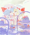  2girls archived_source backlighting bangs blonde_hair blue_hair cake cherry closed_mouth cream cream_on_face dessert drawr eating elbow_rest elbows_on_table expressionless eye_contact face-to-face flandre_scarlet food food_in_mouth food_on_face frilled_cuffs frilled_hat frilled_shirt_collar frilled_sleeves frills from_side fruit hand_up hands_up hat holding holding_cake holding_food light_blue_hair looking_at_another mob_cap multiple_girls oekaki outdoors own_hands_clasped own_hands_together pink_headwear profile puffy_short_sleeves puffy_sleeves red_eyes red_ribbon remilia_scarlet ribbon ribbon-trimmed_headwear ribbon_trim short_hair short_sleeves shortcake siblings sisters sweets table tiered_tray touhou upper_body wavy_hair whipped_cream white_headwear wrist_cuffs yellow_neckwear yu_(yukiri) 