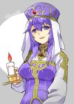  1girl bangs candle dress eremiya eyebrows_visible_through_hair fire_emblem fire_emblem:_new_mystery_of_the_emblem grey_background hair_between_eyes hat lips long_hair long_sleeves looking_at_viewer open_mouth purple_hair smile solo twitter_username upper_body veil violet_eyes yukia_(firstaid0) 