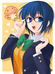  1girl adjusting_eyewear asakou_(n_morninglight) bangs black-framed_eyewear blue_eyes blue_hair blue_jacket bow bowtie buttons cardigan ciel_(tsukihime) collared_shirt commentary_request creature eyebrows_visible_through_hair glasses green_bow green_neckwear hair_between_eyes heart highres jacket long_sleeves looking_at_viewer n_morninglight open_clothes open_jacket open_mouth school_uniform shirt short_hair signature smile tongue tsukihime tsukihime_(remake) twitter_username uniform upper_body upper_teeth white_shirt yellow_cardigan 