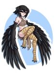  1girl bangs bare_shoulders bird_legs black_feathers black_hair black_wings blue_background breasts closed_eyes dark_souls_(series) dark_souls_iii eyebrows_visible_through_hair facial_mark harpy highres limebreaker midriff monster_girl navel pickle_pee_pump-a-rum_crow rags short_hair small_breasts smile talons two-tone_background under_boob white_background winged_arms wings 