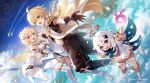  1boy 2girls aether_(genshin_impact) bare_shoulders black_gloves blonde_hair blue_eyes blue_sky braid braided_ponytail brother_and_sister clouds dress fairy fingerless_gloves frilled_dress frills full_body genshin_impact gloves hair_ornament halo highres looking_at_viewer lumine_(genshin_impact) midriff multiple_girls ocean open_mouth paimon_(genshin_impact) pants qi2341 scenery seelie_(genshin_impact) shooting_star short_sleeves siblings single_thighhigh sky smile star_(symbol) star_hair_ornament thigh-highs vambraces white_dress white_hair yellow_eyes 