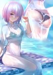    1girl ass bangs besmiled breasts dress fate/grand_order fate_(series) hair_over_one_eye highres large_breasts light_purple_hair looking_at_viewer mash_kyrielight multiple_views short_hair violet_eyes wet white_dress 