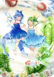  2girls ball bangs bare_shoulders barefoot blue_bow blue_dress blue_eyes blue_hair bow cirno daiyousei dress eyebrows_visible_through_hair fairy_wings fish flower flying green_eyes green_hair hair_between_eyes hair_bow hand_up hands_together hands_up ice ice_wings kapuchii leaf looking_at_another multiple_girls open_mouth pink_flower plant ponytail red_bow sand short_hair sleeveless smile touhou wings yellow_bow 