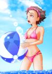    1girl alternate_costume ass_visible_through_thighs ball beachball bikini blue_sky breasts brown_hair clouds collarbone girls_und_panzer groin highres lens_flare momogaa_(girls_und_panzer) nishi_itsumi ocean open_mouth pink_bikini red_eyes short_hair sky small_breasts swimsuit teeth tongue wading water wide-eyed 
