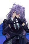  1girl bangs black_gloves black_jacket black_neckwear breasts closed_mouth collared_jacket collared_shirt commentary_request double_bun formal genshin_impact gloves hair_cones highres jacket keqing_(genshin_impact) korean_commentary long_hair long_sleeves medium_breasts necktie nugag own_hands_together purple_hair shirt simple_background solo suit twintails violet_eyes white_background white_shirt 