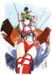    1990s_(style) 1girl arms_up bangs bound bound_arms can_can_bunny eyebrows_visible_through_hair feet_out_of_frame frills green_hair highres long_hair long_sleeves marker_(medium) official_art ootsuki_mai over-kneehighs parted_lips red_legwear retro_artstyle scan solo thigh-highs traditional_media 
